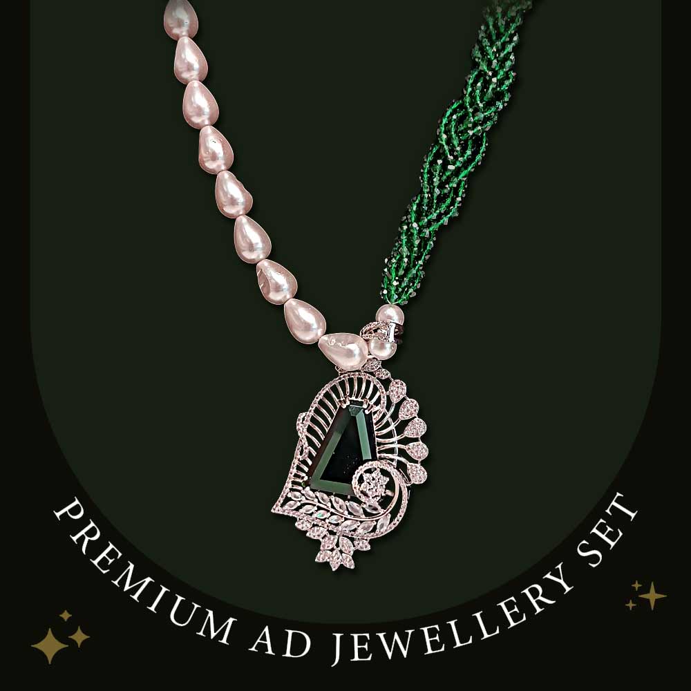 Emerald Crystal Beads with AD Pendant Necklace set
