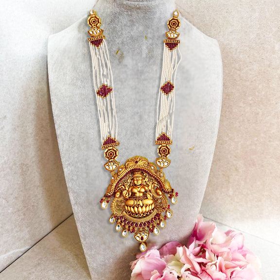 Elegant Laxmi Pendant Pearl Temple Necklace Set – Mannat Glintara