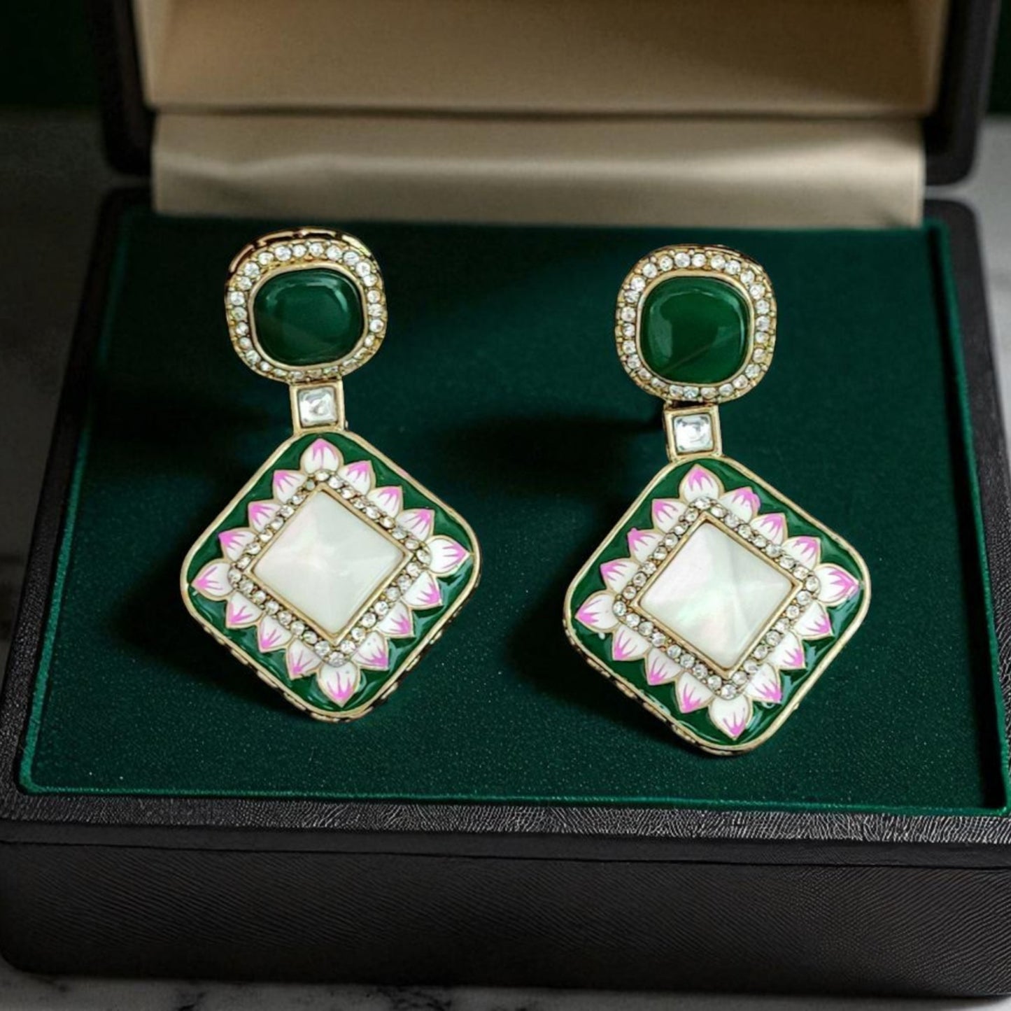 Emerald Lotus Enamel Kundan Earrings