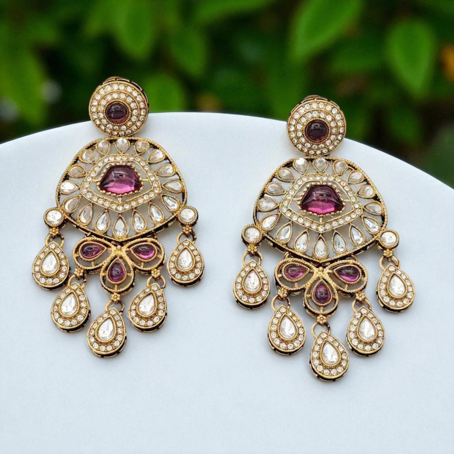 Antique Maroon Kundan Chandbali Earrings