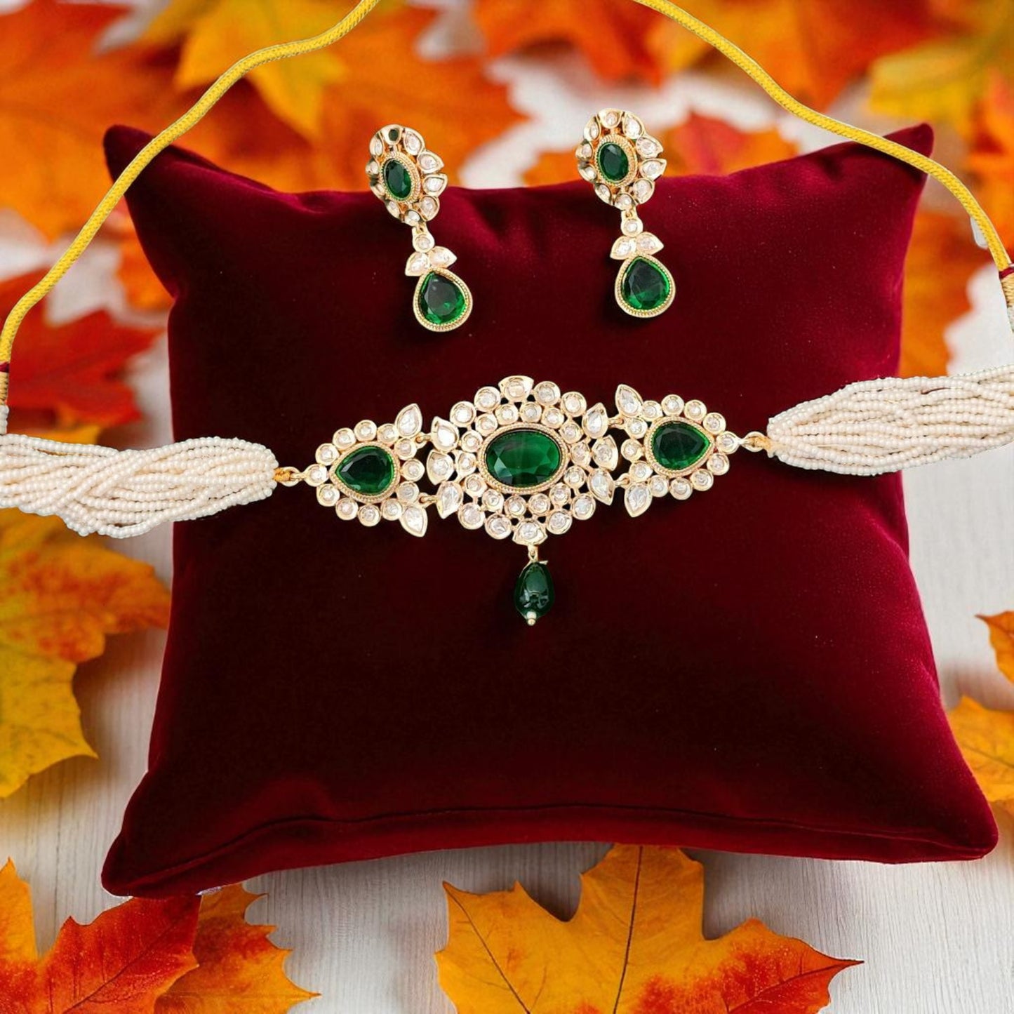 Emerald Elegance Kundan Pearl Jewellery Set