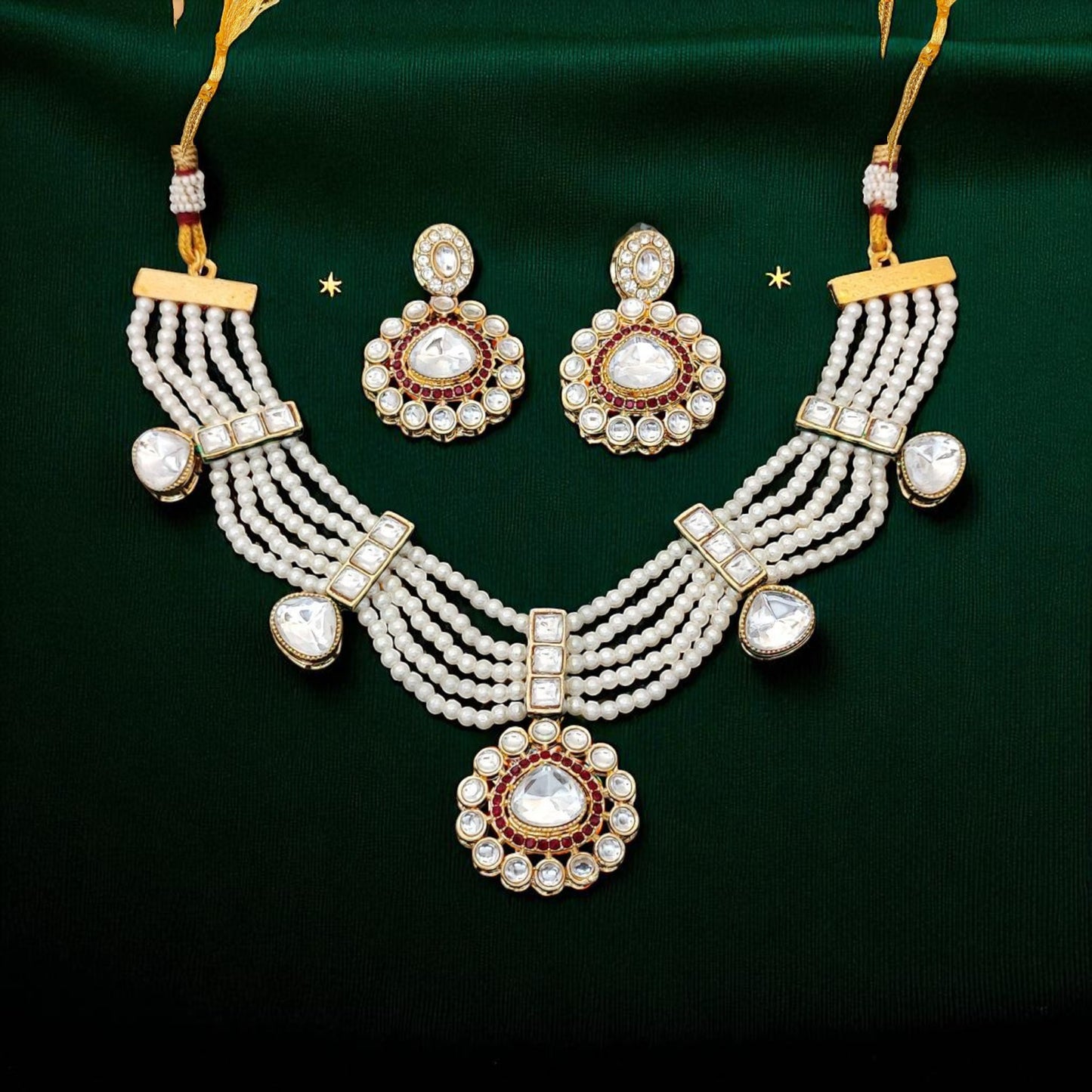 Layered Pearl Kundan Ruby Colour Jewellery set