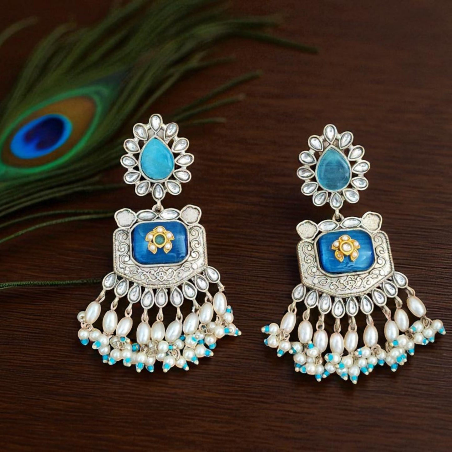 Oxidized Blue Stone Jhumka Earrings