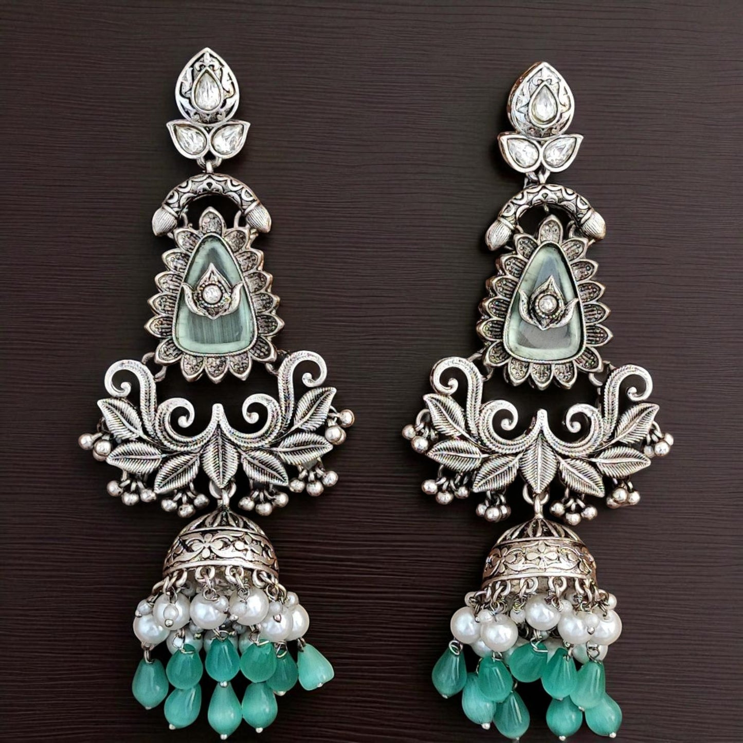 Mint Glow Oxidized Jhumka Earrings