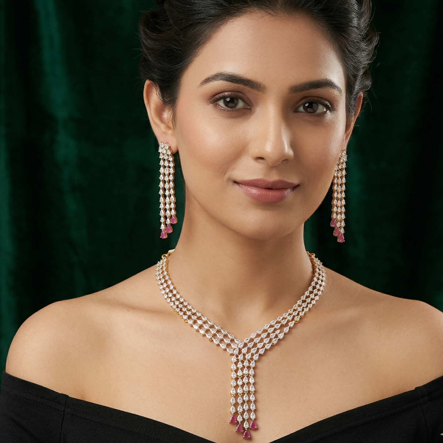Diamond Drape Ruby Drop Necklace Set