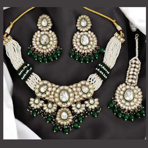 Green Pearl Semi Bridal Necklace Set