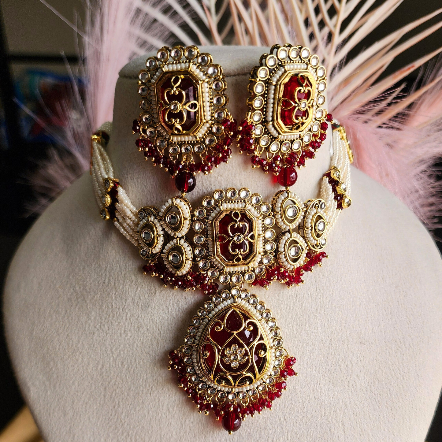 Rajkumari Red Kundan Semi-Bridal Necklace Set