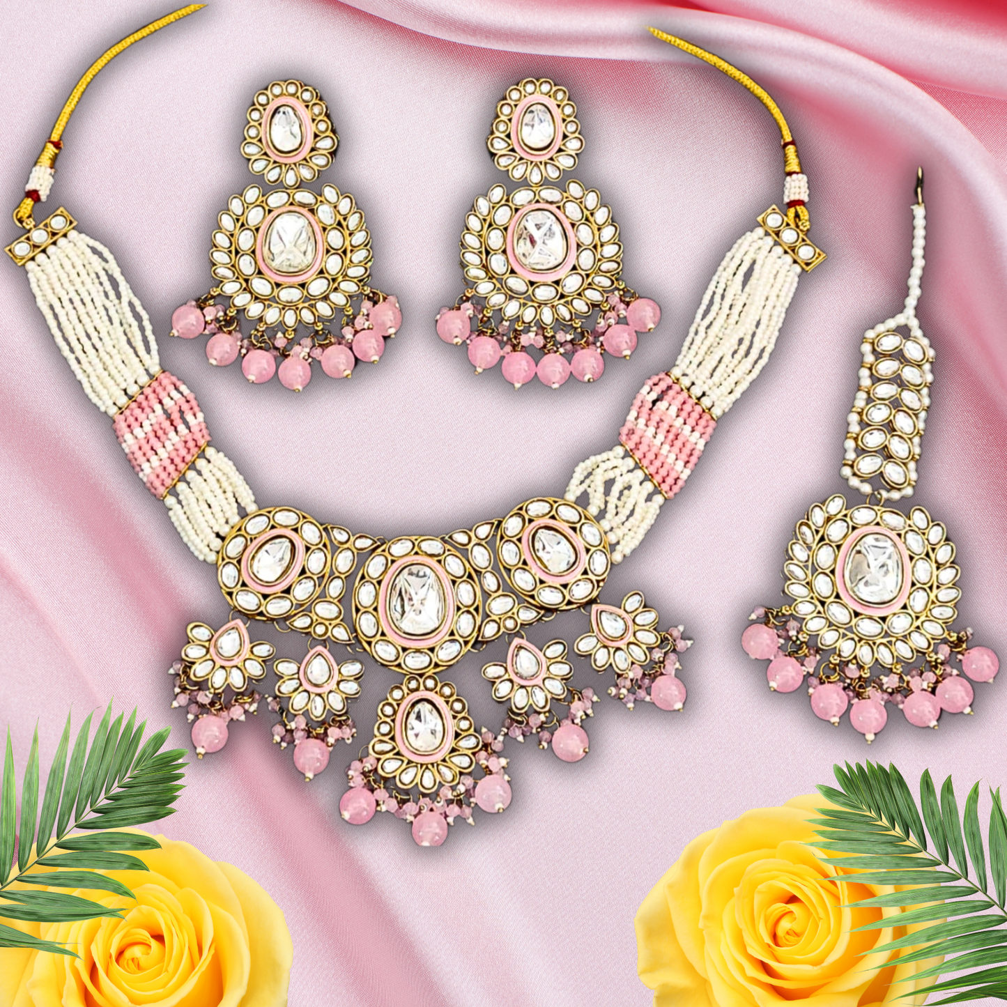 Pink Blush Elegance Kundan Pearl Necklace Set