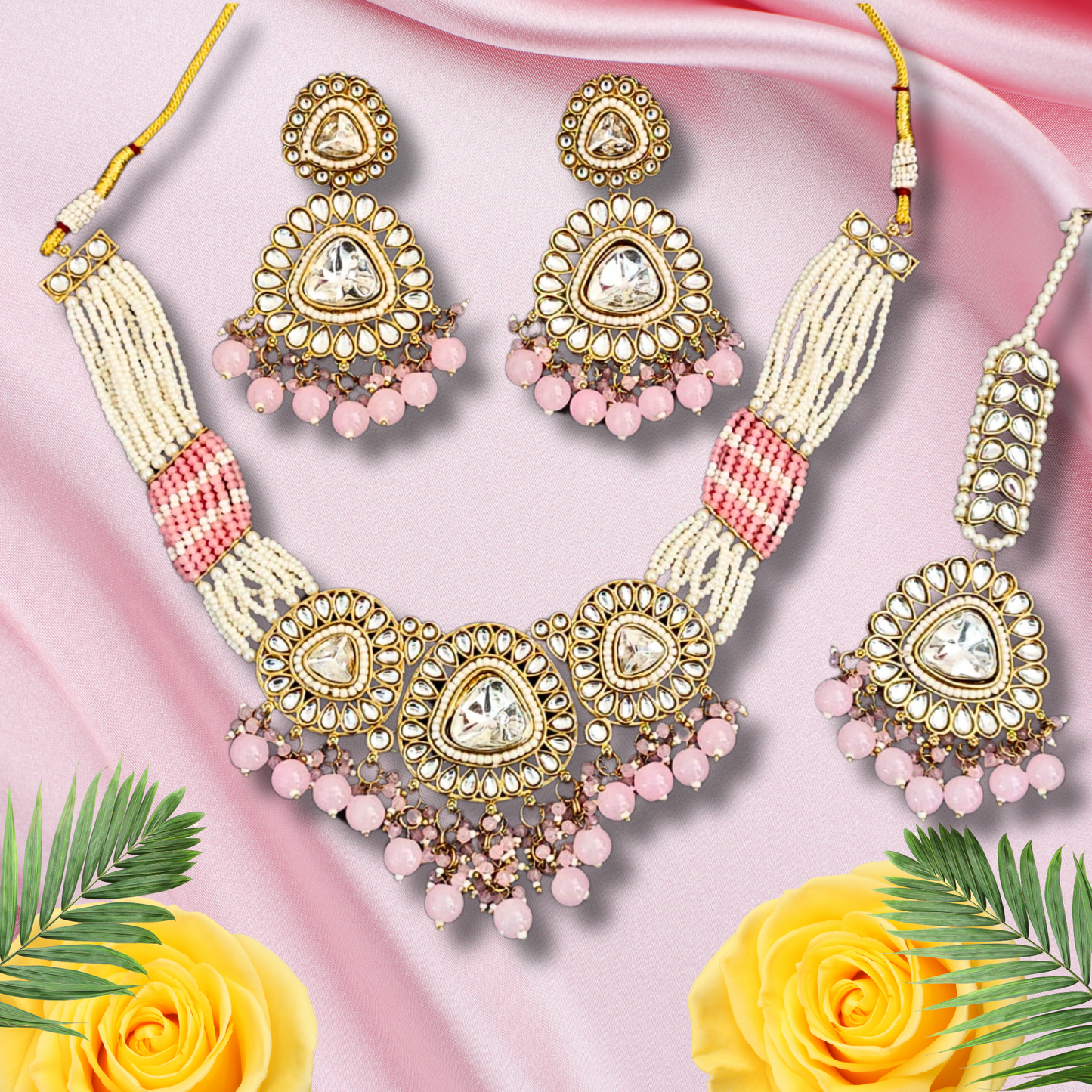 Pink Blush Bloom Kundan Necklace Set