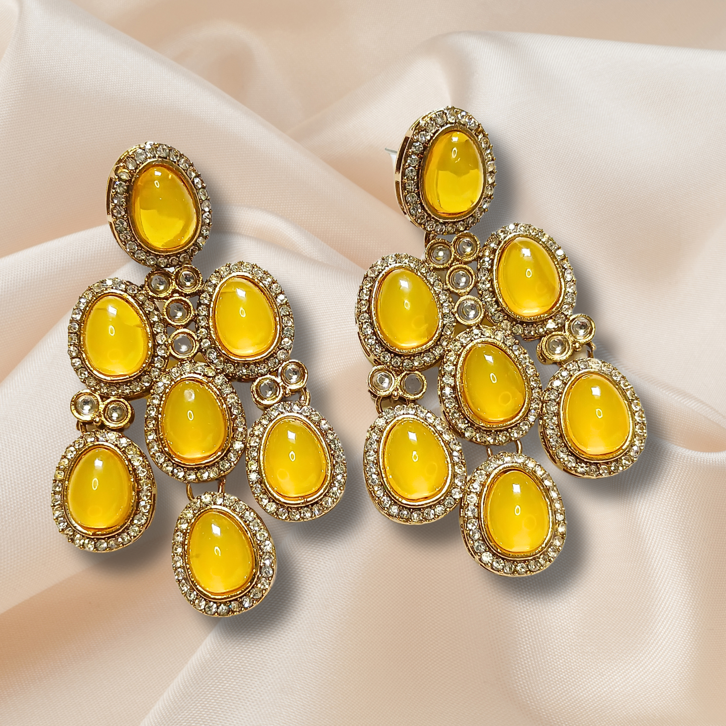 Lemon Colour Kundan Statement Earrings