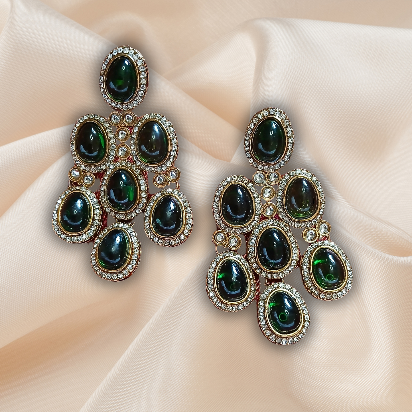 Green Coloured Kundan Statement Earrings