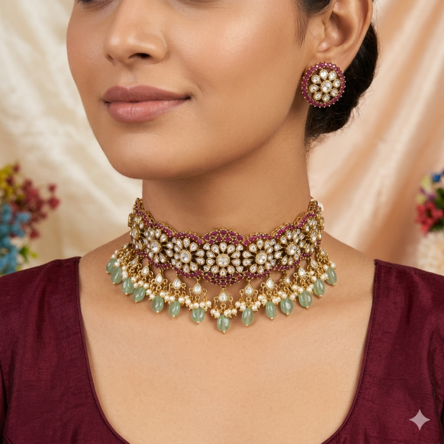 Royal Ruby Kundan Choker Set with Emerald Drops