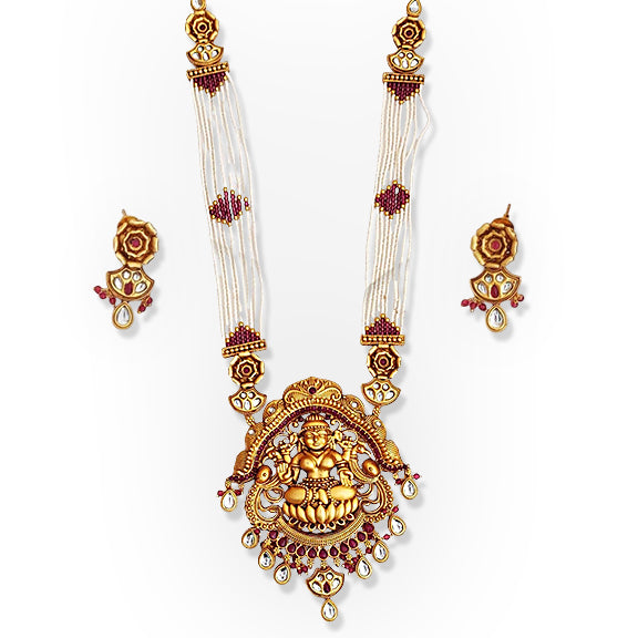 Elegant Laxmi Pendant Pearl Temple Necklace Set