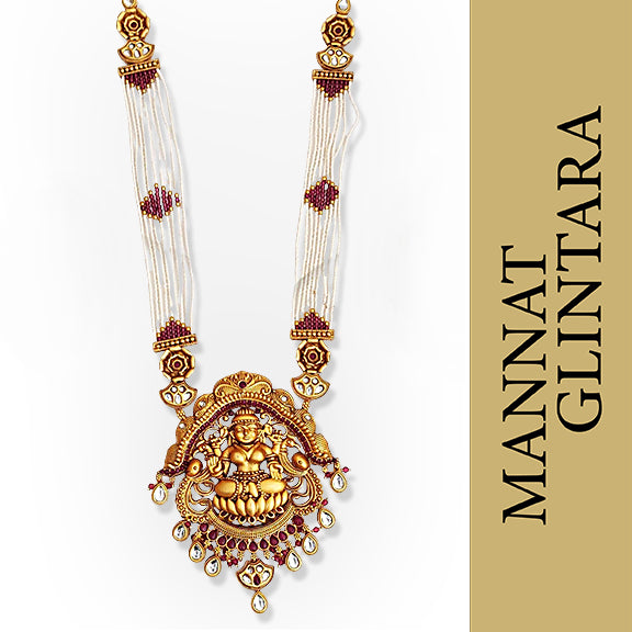 Elegant Laxmi Pendant Pearl Temple Necklace Set