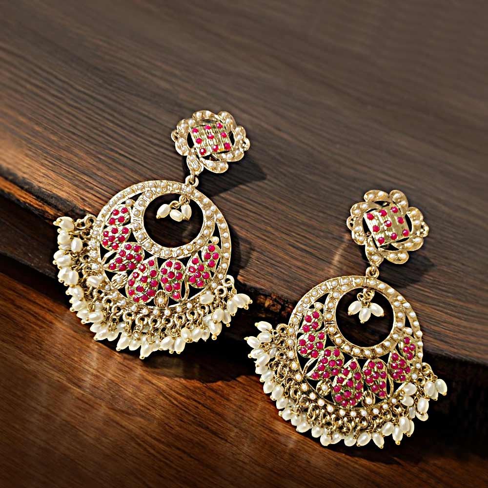 MG Rice Pearl Pink Stone Chandbali Earrings