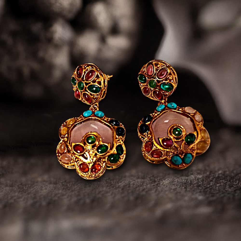 MG Navaratan Flower Drop Earrings