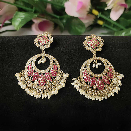 MG Rice Pearl Pink Stone Chandbali Earrings