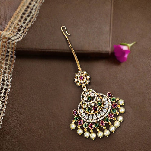 Rajwada Pink & Green Splendor Maang Tikka