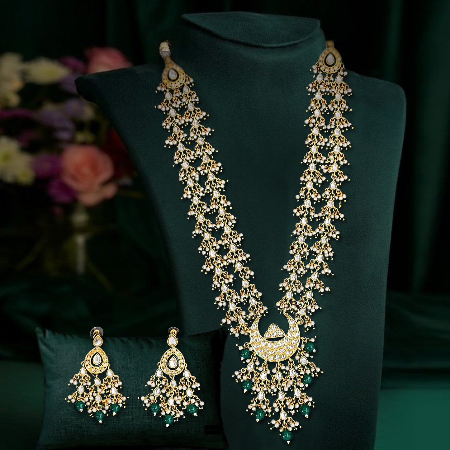 Kundan Pearl Cascade 2 Layer Long Necklace Set