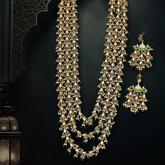 Kundan Pearl Tranquility 3 Layer Long Necklace Set