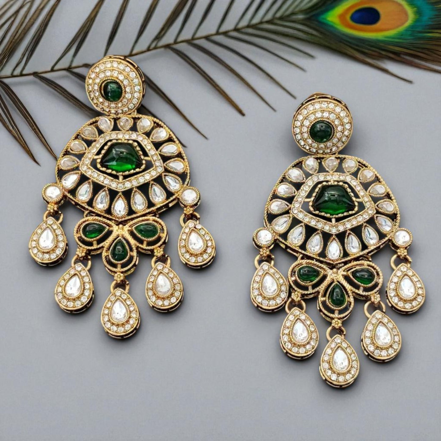 Emerald Green Stone Kundan Drop Earrings