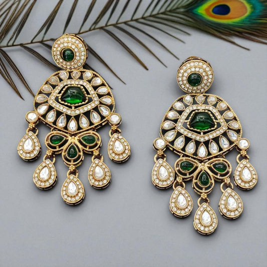 Emerald Green Stone Kundan Drop Earrings