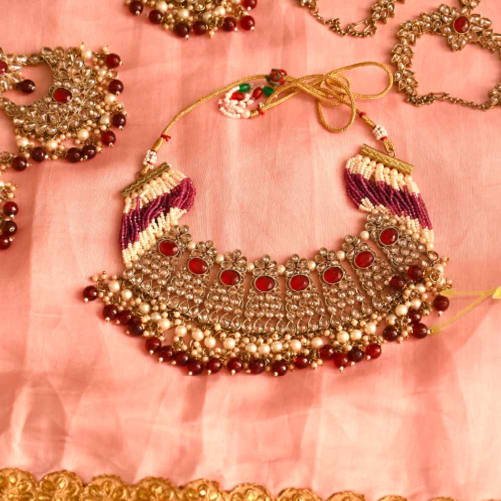 Mesmerizing Red Pearls and Jadau Bridal Necklace set with Choker and Mattapati