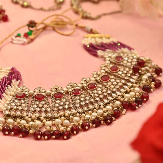 Mesmerizing Red Pearls and Jadau Bridal Necklace set with Choker and Mattapati