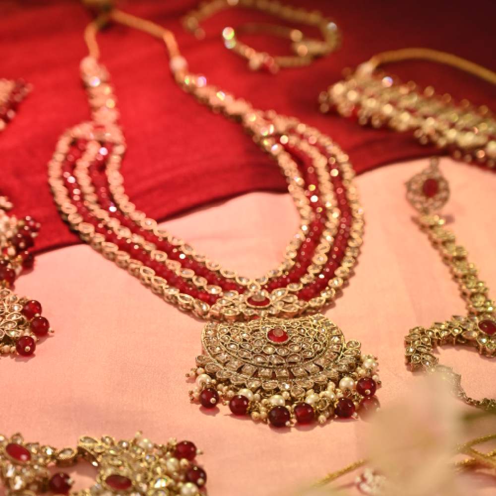 Mesmerizing Red Pearls and Jadau Bridal Necklace set with Choker and Mattapati