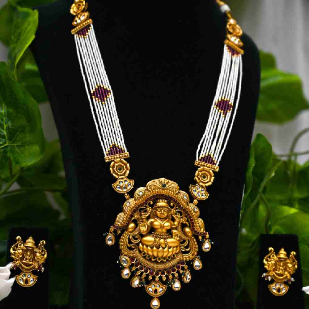 Exclusive Laxmi Temple Jewellery Long set with pearls and Kundan