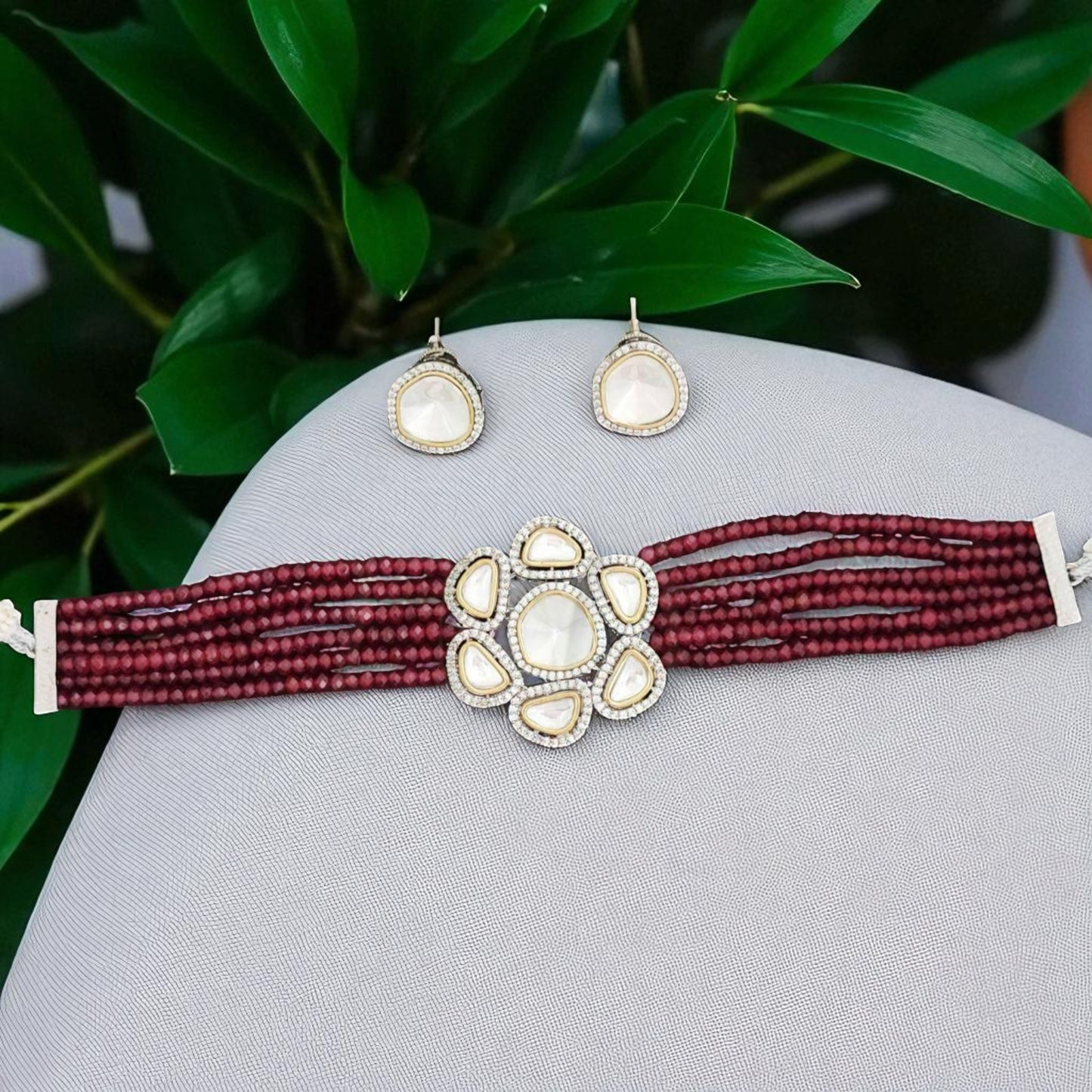 Floral Elegance Moissanite Choker with Red Crystal Beads