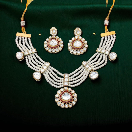Layered Pearl Kundan Ruby Colour Necklace set
