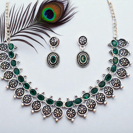 Oxidized Layered Emerald Choker Necklace Set