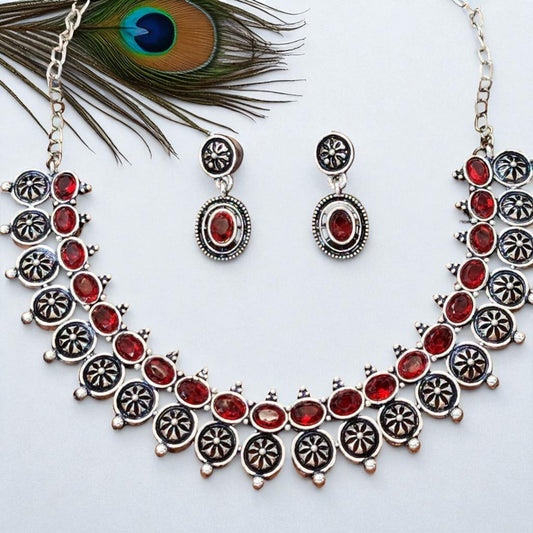 Oxidized Layered Red Choker Necklace Set