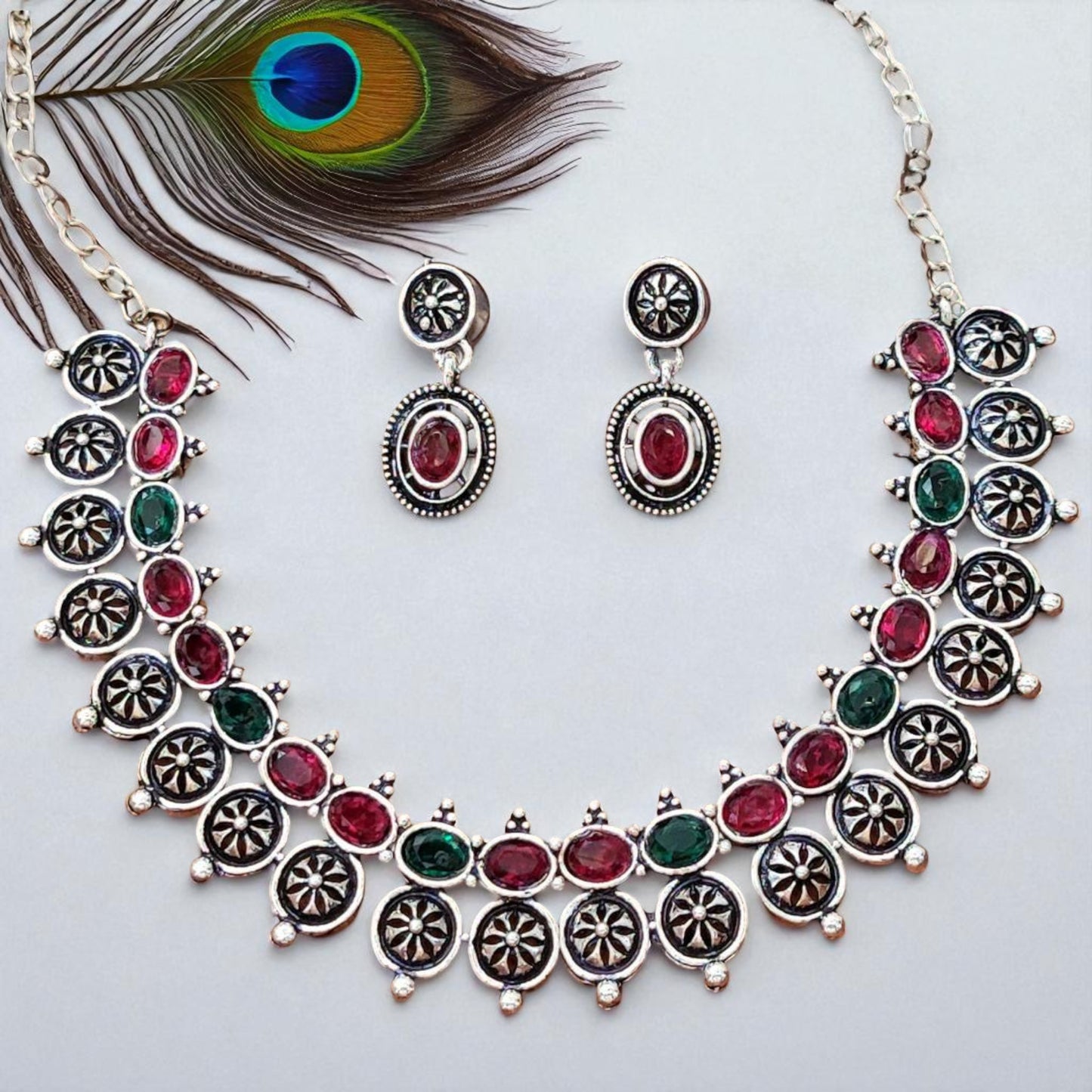 Oxidized Layered Multi colour Choker Necklace Set
