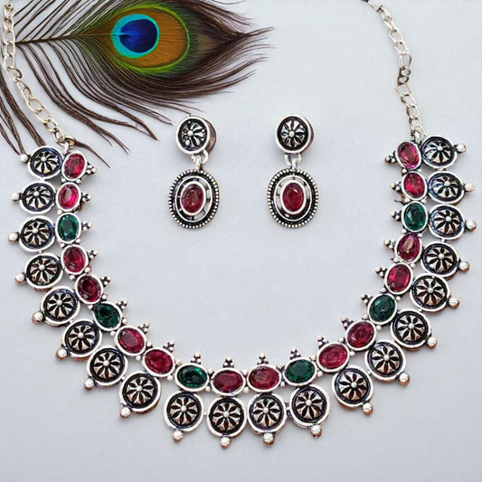 Oxidized Layered Multi colour Choker Necklace Set
