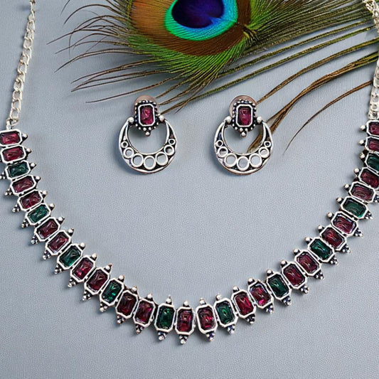 Oxidized Multi colour Statement Necklace Set