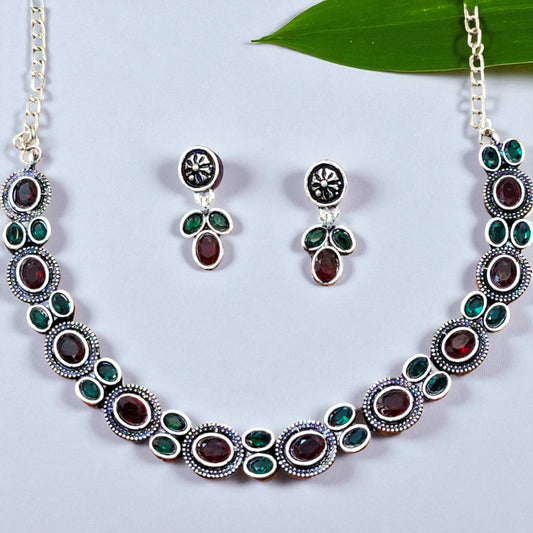 Oxidized Red green colour Choker Necklace Set
