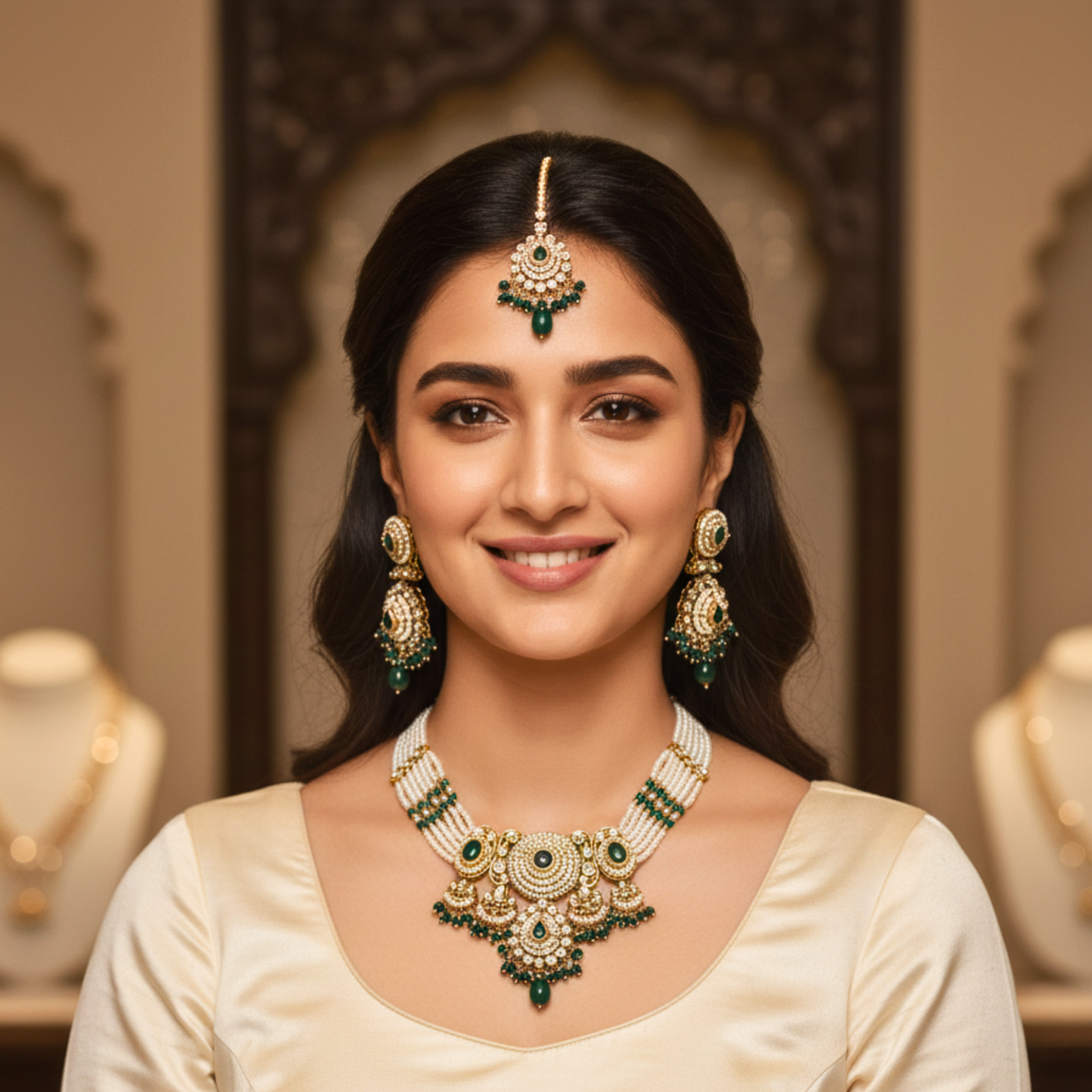 Royal Emerald Pearl Kundan Jewellery Set