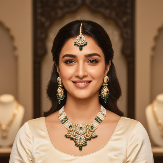 Royal Emerald Pearl Kundan Jewellery Set