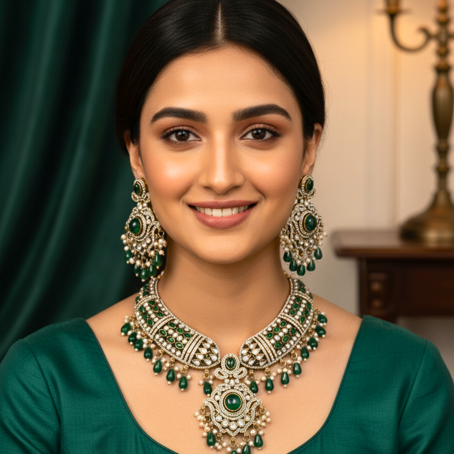 Victorian Emerald Royale Kundan Jewellery Set