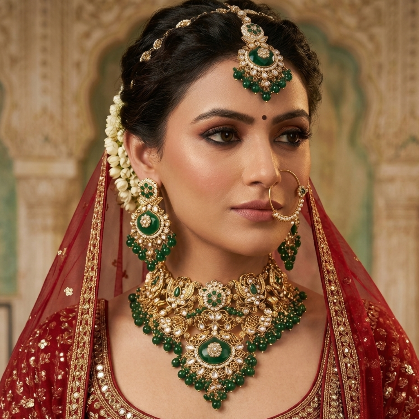 Emerald Royal Bridal Kundan Necklace Set with Maang Tikka & Earrings
