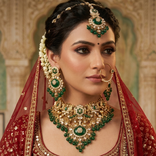 Emerald Royal Bridal Kundan Necklace Set with Maang Tikka & Earrings