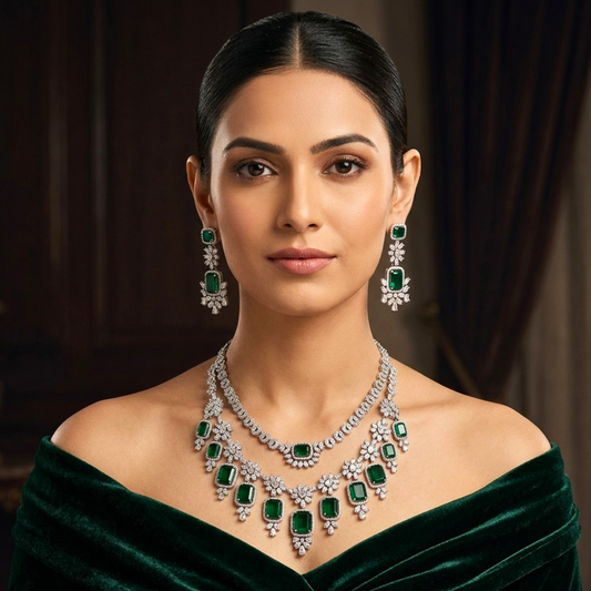 Dazzling Emerald CZ Two layered Necklace Set
