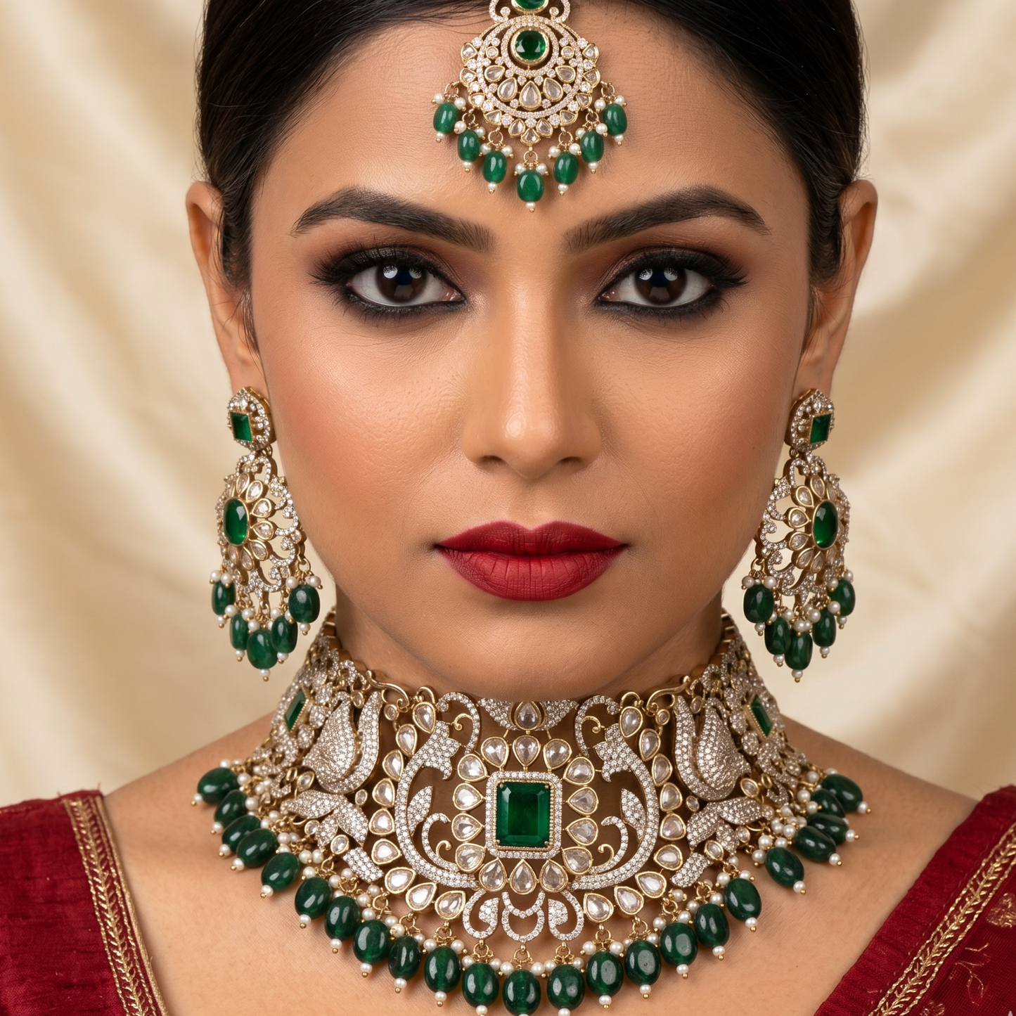 Emerald bridal choker set with maangtikka
