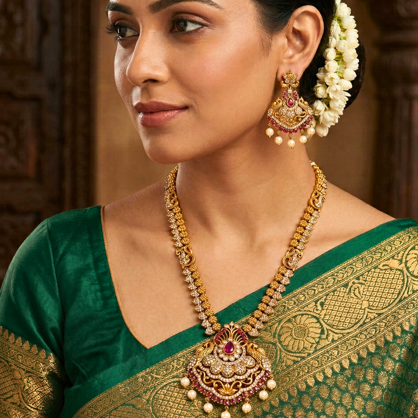 Rajwada Peacock Ruby Floral Necklace Set