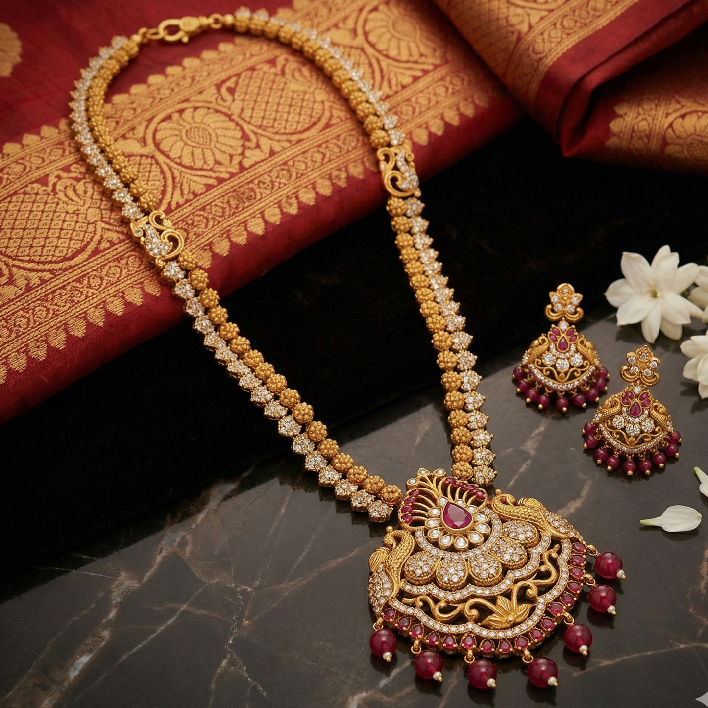 Rajwada Peacock Ruby Floral Necklace Set