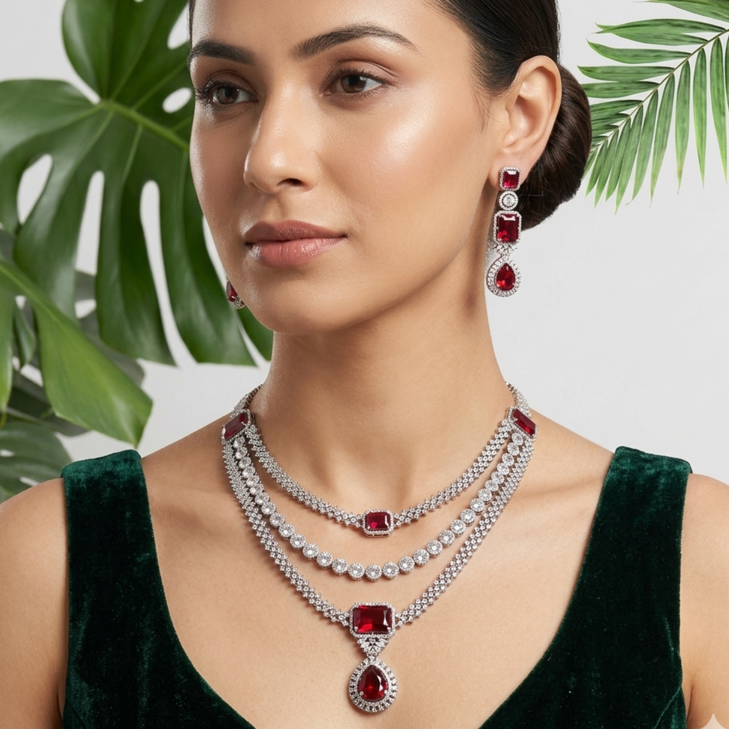 Crimson Cascade Trilateral Necklace set