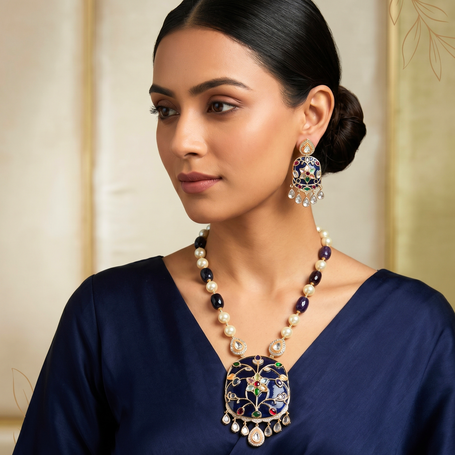 Sapphire with Meenakari and Pearl Jewellery Set