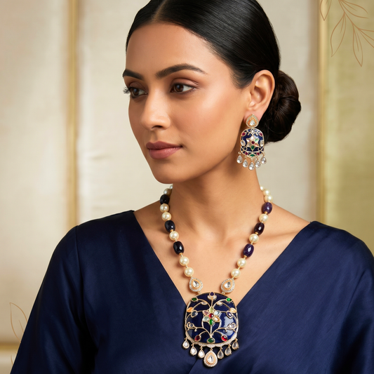 Sapphire with Meenakari and Pearl Jewellery Set